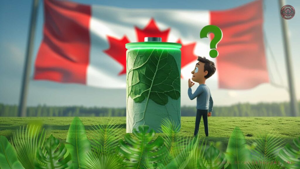 A young cartoon man stands in a green Canadian field, thoughtfully looking at a giant teal-green biodegradable battery decorated with leaf designs and glowing green light.