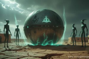 The Buga Sphere lies partially buried in a cracked desert near a Mexican village, surrounded by four mysterious extraterrestrial beings radiating an eerie glow.