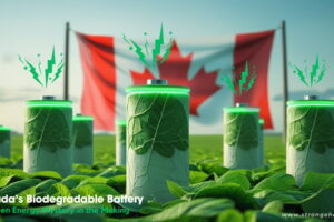 Biodegradable battery shaped like a leaf in a lush Canadian field, glowing with green energy, with the Canadian flag in the background.