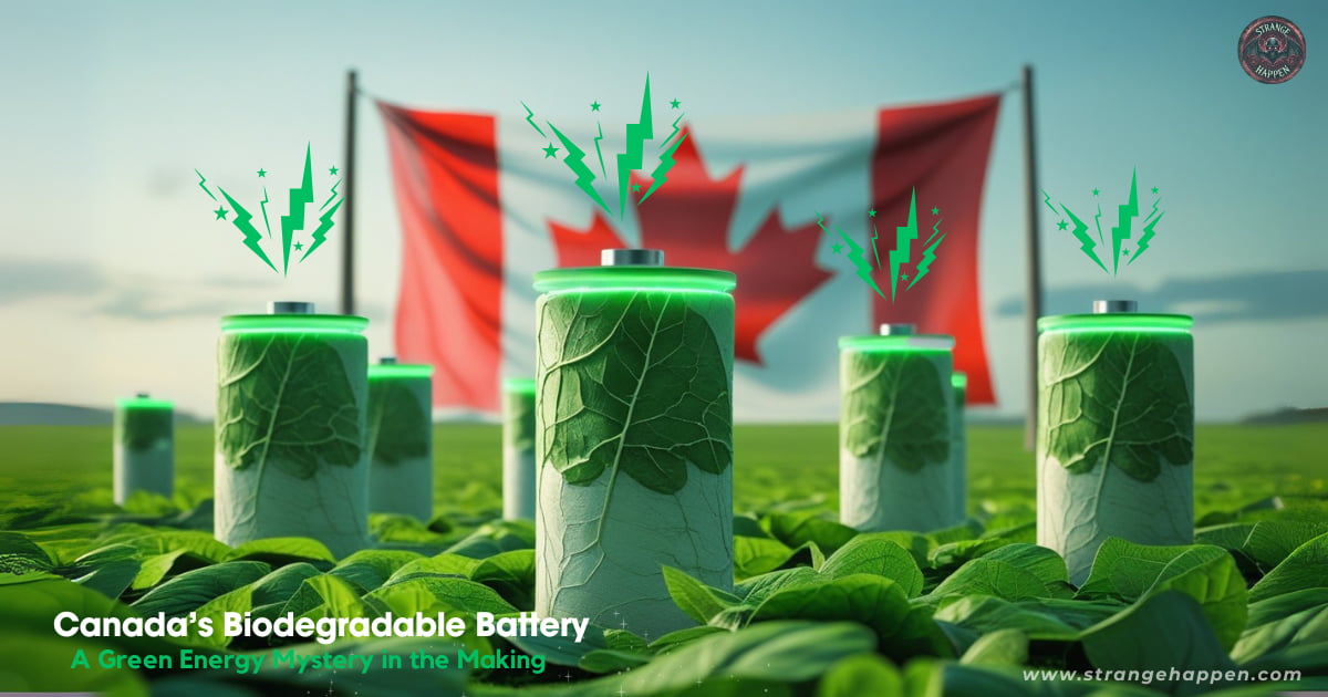 Biodegradable battery shaped like a leaf in a lush Canadian field, glowing with green energy, with the Canadian flag in the background.