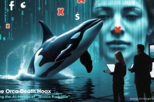 Realistic depiction of the Orca Death Hoax showing a killer whale breaching near a trainer, with glitch effects revealing deepfake manipulation.