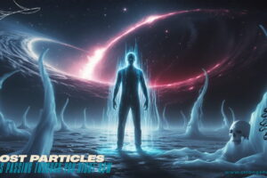 Dark-skinned male silhouette glowing with ethereal blue energy lines, standing in an icy alien landscape under a cosmic pink-red ring, symbolizing the mystery of Neutrinos.