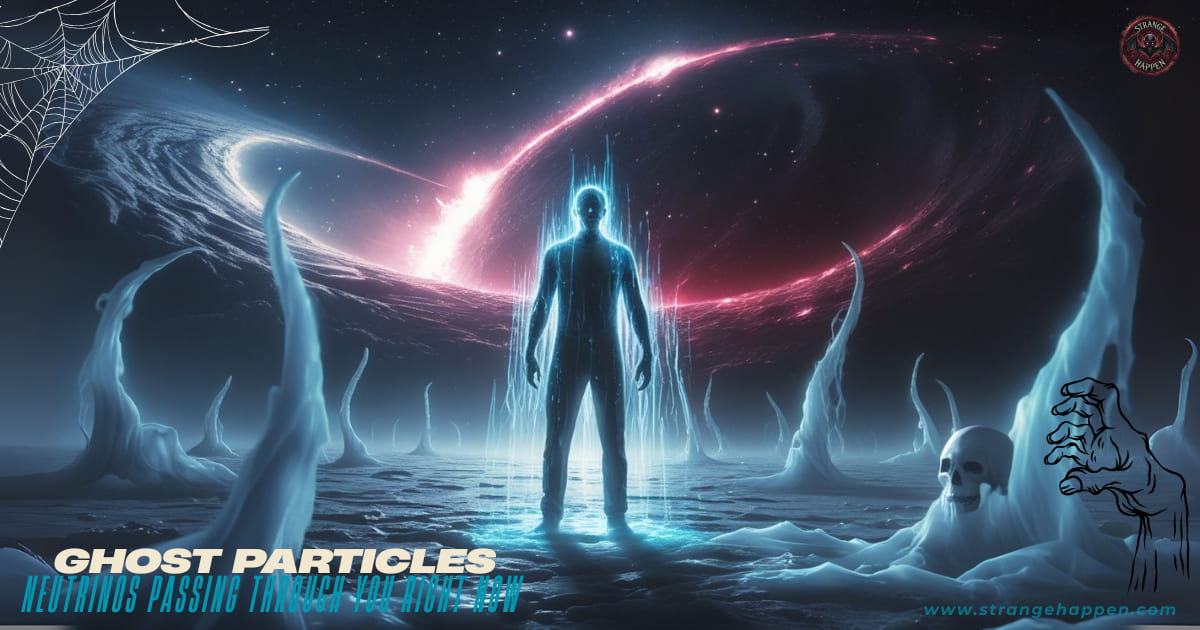 Dark-skinned male silhouette glowing with ethereal blue energy lines, standing in an icy alien landscape under a cosmic pink-red ring, symbolizing the mystery of Neutrinos.