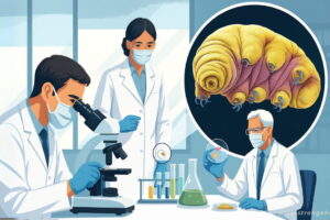 Three scientists in a laboratory study a large illustrated tardigrade, shown in yellow and pinkish-purple, using a microscope and petri dish.
