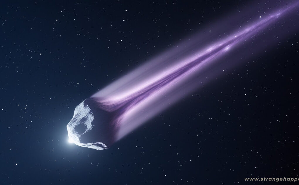 Alien Comet 3I ATLAS with a glowing white core and a long, luminous purple tail streaking diagonally across a dark starry sky.