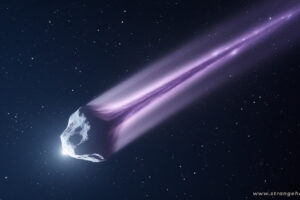Alien Comet 3I ATLAS with a glowing white core and a long, luminous purple tail streaking diagonally across a dark starry sky.