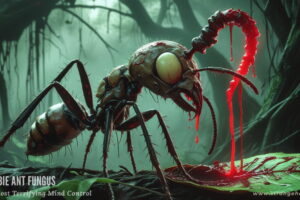A zombified ant infected by the Zombie Ant Fungus, with a fungal stalk bursting from its head in a dark rainforest.