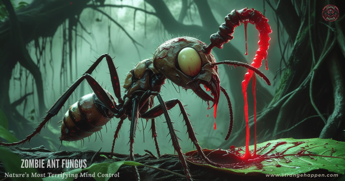 A zombified ant infected by the Zombie Ant Fungus, with a fungal stalk bursting from its head in a dark rainforest.