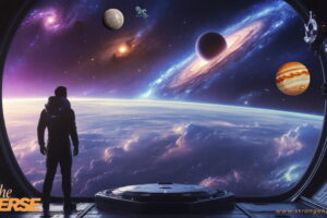 Light-skinned male astronaut in a dark spacesuit stands inside a spaceship, gazing at the universe through a large window showing Earth, Jupiter, and colorful galaxies.