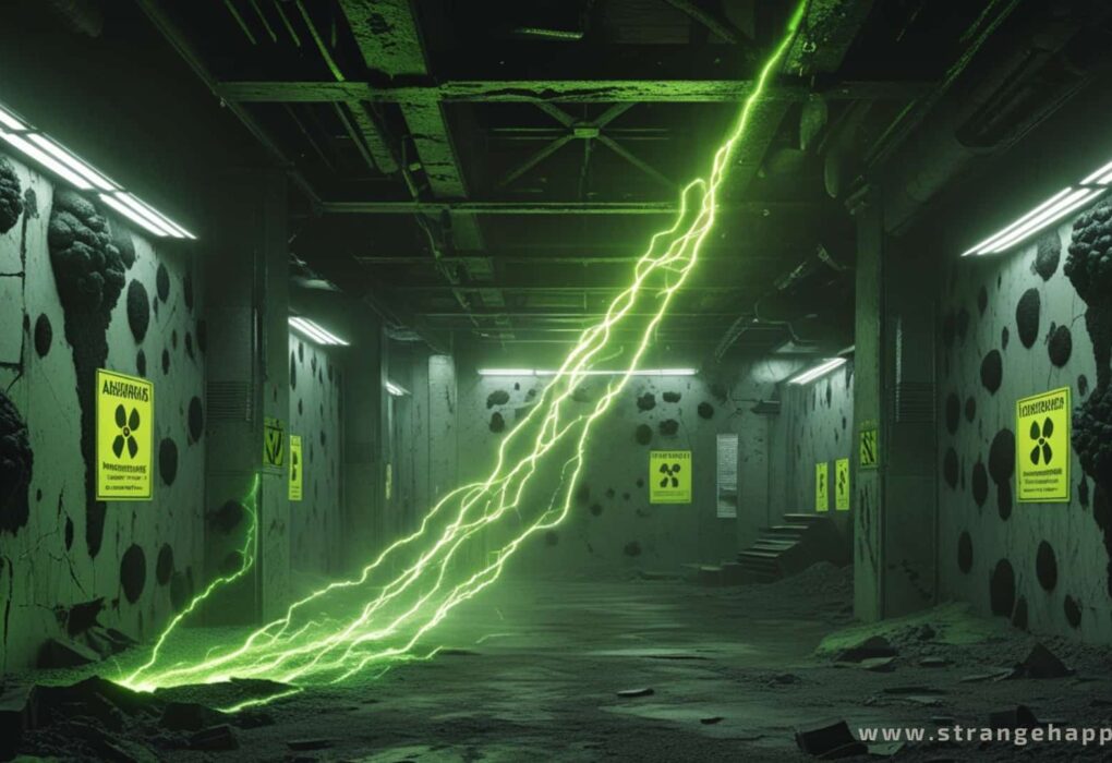 Interior of a ruined Chernobyl reactor, walls covered with black radiotrophic fungi glowing as they absorb greenish-yellow radioactive energy, with radiation warning signs on cracked, scorched walls and scattered debris, atmospheric radioactive haze, cinematic lighting, and a slightly surreal, high-detail appearance.