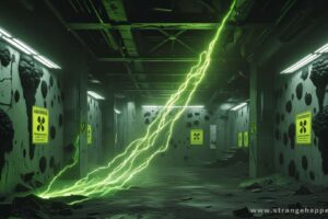 Interior of a ruined Chernobyl reactor, walls covered with black radiotrophic fungi glowing as they absorb greenish-yellow radioactive energy, with radiation warning signs on cracked, scorched walls and scattered debris, atmospheric radioactive haze, cinematic lighting, and a slightly surreal, high-detail appearance.