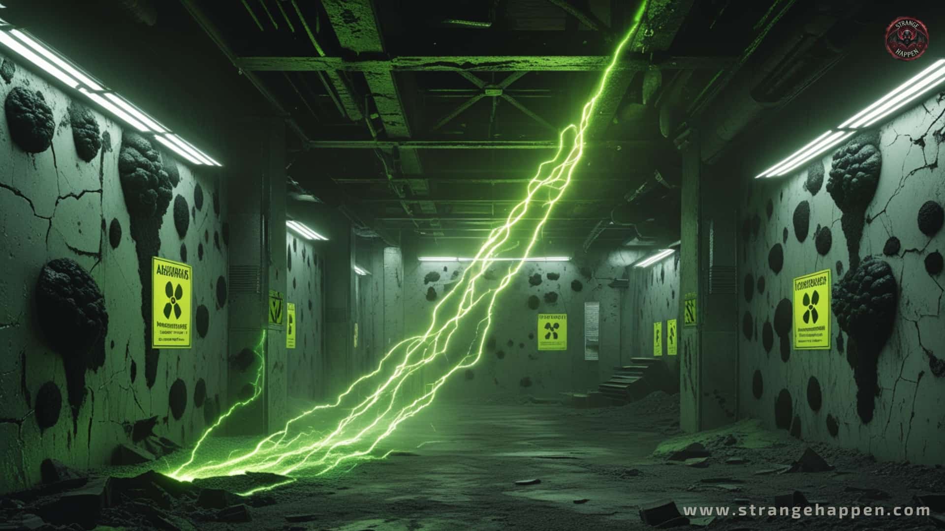Interior of a ruined Chernobyl reactor, walls covered with black radiotrophic fungi glowing as they absorb greenish-yellow radioactive energy, with radiation warning signs on cracked, scorched walls and scattered debris, atmospheric radioactive haze, cinematic lighting, and a slightly surreal, high-detail appearance.