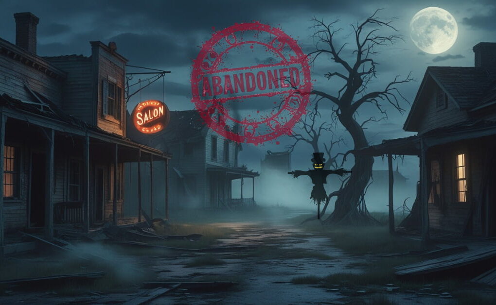 Forgotten places: abandoned small-town at night with scarecrow, fog, broken houses, flickering neon sign, and red “ABANDONED” stamp.