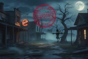 Forgotten places: abandoned small-town at night with scarecrow, fog, broken houses, flickering neon sign, and red “ABANDONED” stamp.