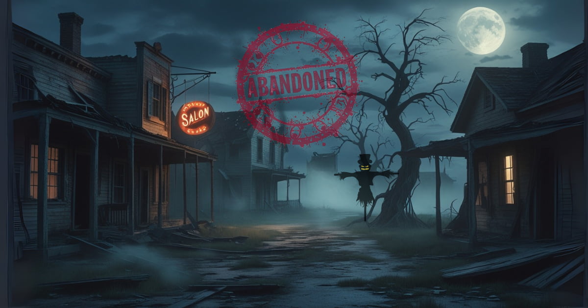 Forgotten places: abandoned small-town at night with scarecrow, fog, broken houses, flickering neon sign, and red “ABANDONED” stamp.