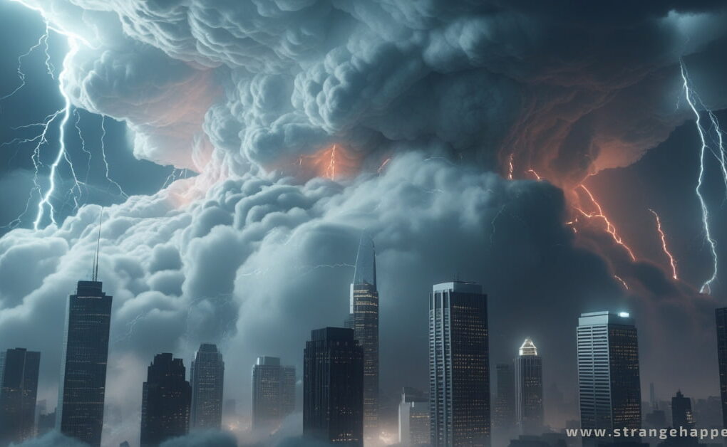 Islamabad Strange Clouds covering skyscrapers with lightning, horror storm atmosphere.