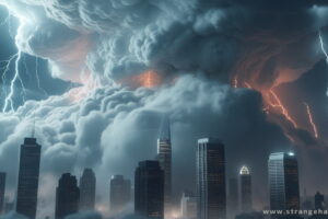 Islamabad Strange Clouds covering skyscrapers with lightning, horror storm atmosphere.