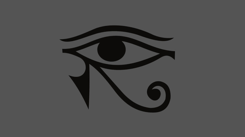 Ancient Egyptian Symbols, stylized Eye of Horus illustration with bold black outlines on a muted gray background.