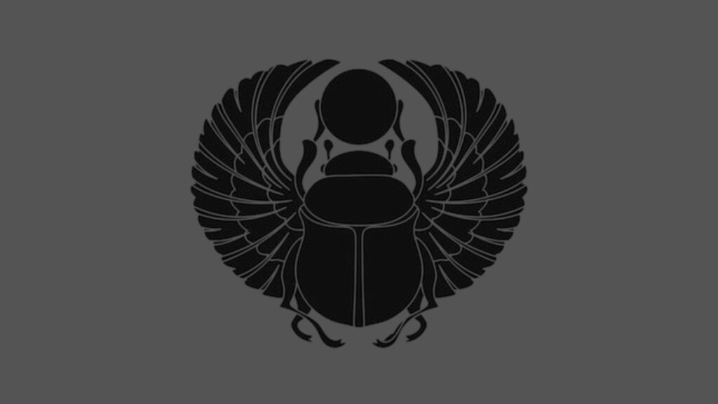 Ancient Egyptian Symbols, stylized scarab beetle with spread wings in black and gray, centered against a solid gray background.
