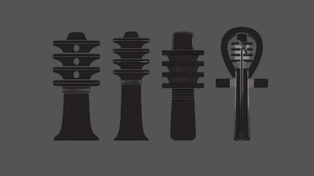 Ancient Egyptian Symbols, four stylized dark gray elements including two pedestals, a ribbed Djed pillar, and an Ankh, aligned horizontally on a darker gray background.