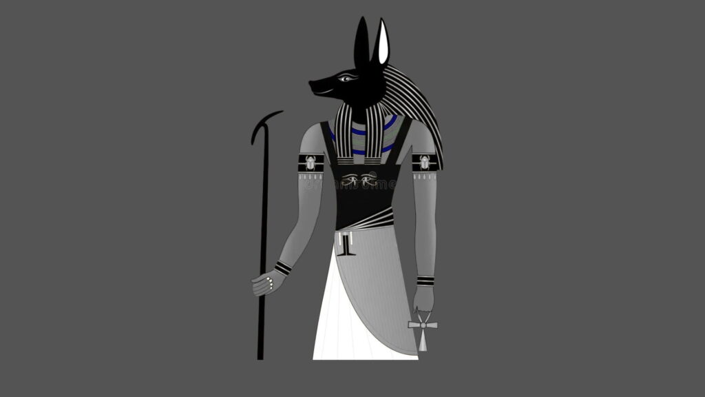 Ancient Egyptian Symbols, stylized illustration of Anubis holding a Was Scepter and an Ankh, centered against a solid gray background.
