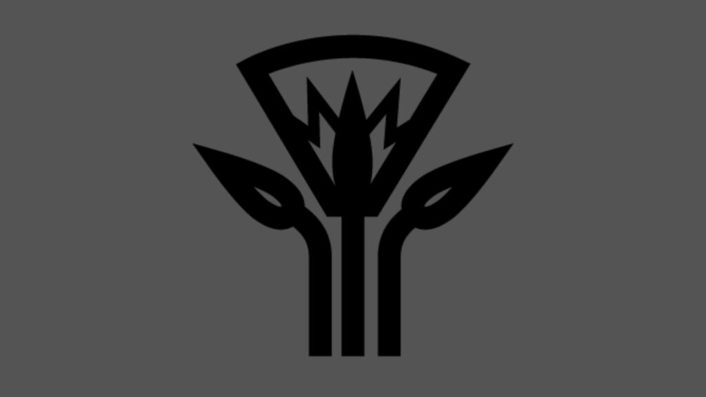 Ancient Egyptian Symbols, stylized black lotus flower emblem with sharp petals and curved stems, centered on a muted gray background.