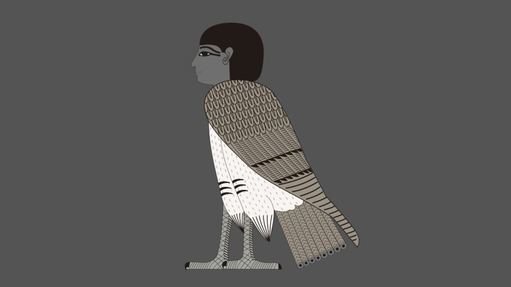 Ancient Egyptian Symbols, stylized Ba Bird with a human head and bird body, centered on a neutral gray background.