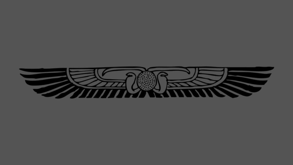 Ancient Egyptian Symbols, black illustration of a Winged Sun Disk with outstretched wings, centered against a neutral gray background.
