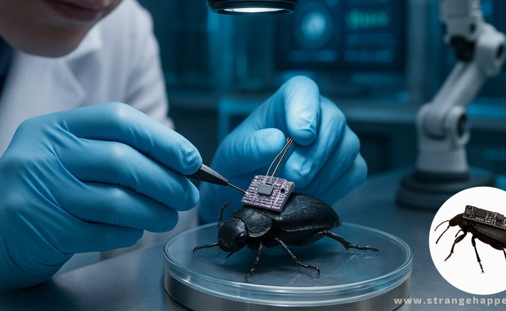A scientist in blue gloves attaches an electronic chip onto a black Cyborg Beetles resting on a Petri dish in a laboratory.