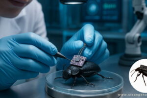 A scientist in blue gloves attaches an electronic chip onto a black Cyborg Beetles resting on a Petri dish in a laboratory.