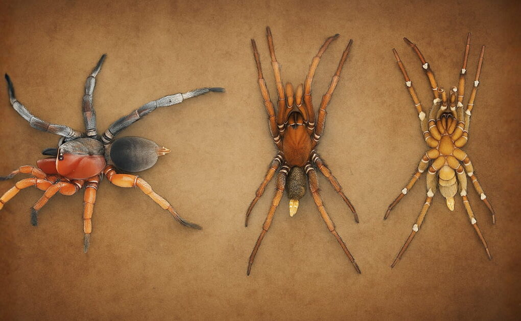 Three spiders displayed on a textured brown background showing dorsal views for comparison, highlighting the dual-sex spider with both male and female traits alongside normal spiders.