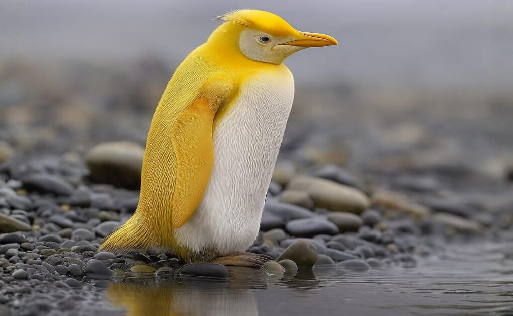 A rare golden penguin standing on a rocky shoreline near the water, displaying vibrant yellow and white feathers.