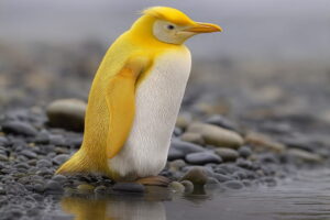 A rare golden penguin standing on a rocky shoreline near the water, displaying vibrant yellow and white feathers.