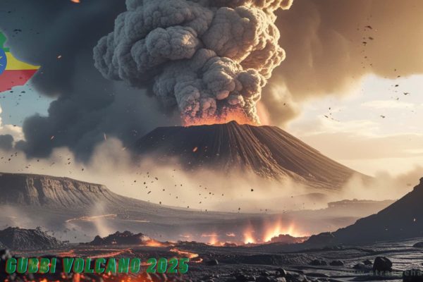 Ethiopia Volcano Eruption 2025 at Hayli Gubbi, showing massive ash plume, lava flow, and Ethiopian flag.