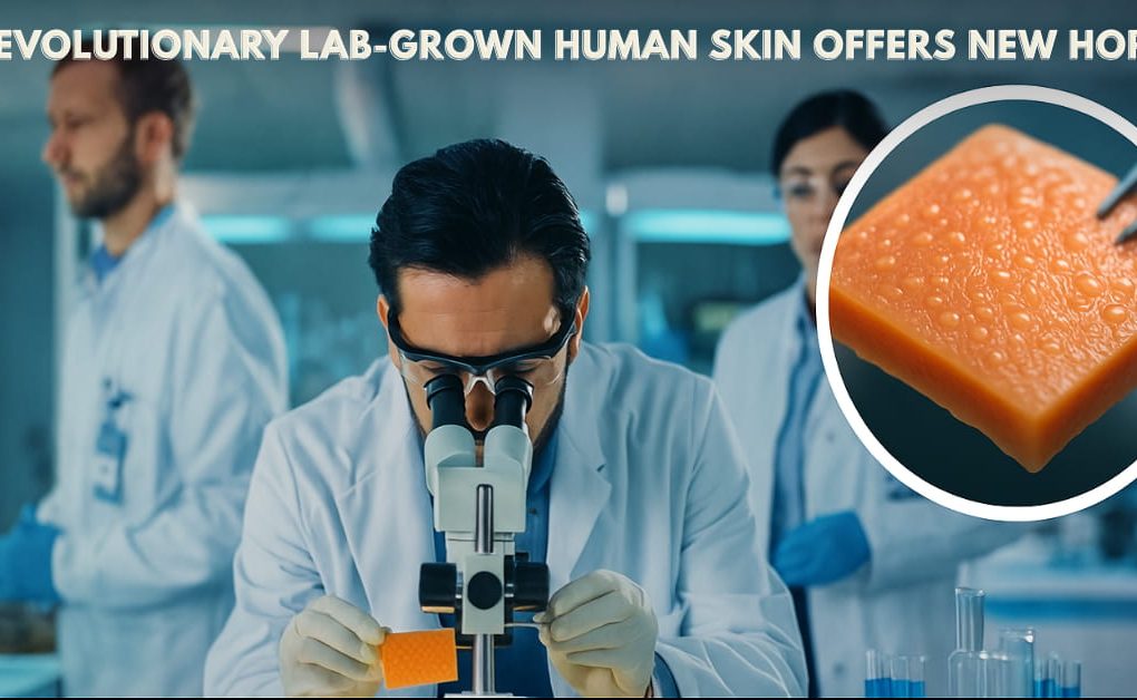 A scientist in a modern laboratory examines a sample of lab-grown human skin under a microscope, with other researchers in the background contributing to regenerative medicine research.