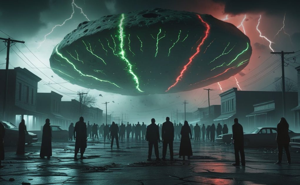 Terrified people watch as the mysterious interstellar object 3I-ATLAS emerges from the clouds in a dark, eerie sky.