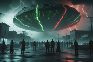 Terrified people watch as the mysterious interstellar object 3I-ATLAS emerges from the clouds in a dark, eerie sky.