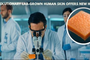 A scientist in a modern laboratory examines a sample of lab-grown human skin under a microscope, with other researchers in the background contributing to regenerative medicine research.