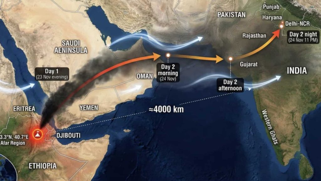 Ethiopia Volcano Eruption 2025 – Hayli Gubbi volcano satellite map showing ash plume spread to Yemen, Oman, Pakistan, and India.