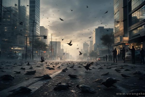 Hundreds of birds falling from sky in Mexico with many lying on the ground during a sudden mass bird die off.