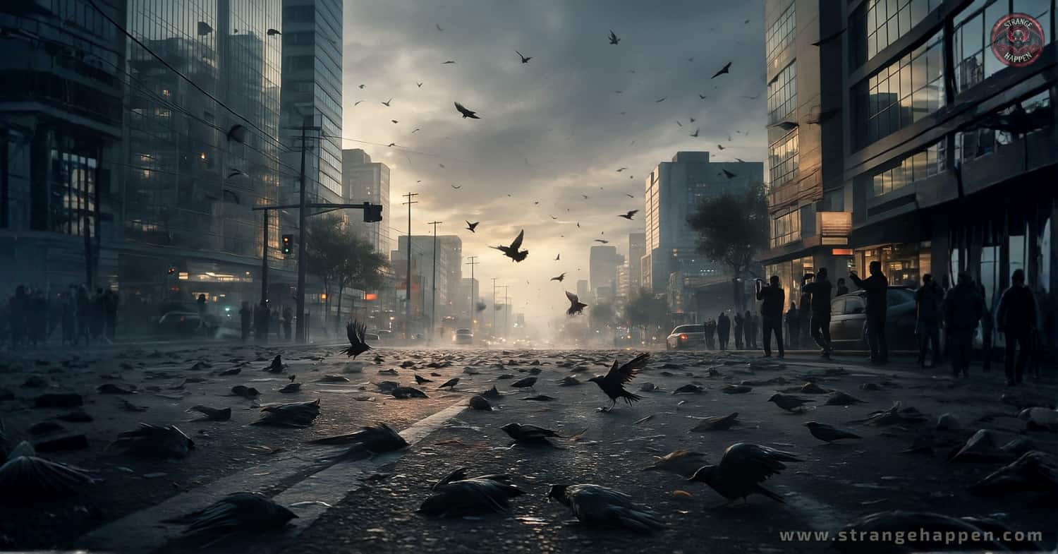 Hundreds of birds falling from sky in Mexico with many lying on the ground during a sudden mass bird die off.