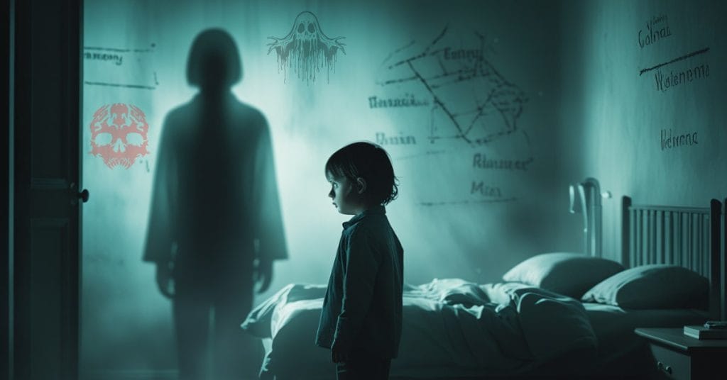 Children Who Remember Past Lives – Cinematic Horror Memory Scene A young child stands alone in a dim bedroom, surrounded by ghostly shadows and faint imprints of past life memories, illustrating children who remember past lives.