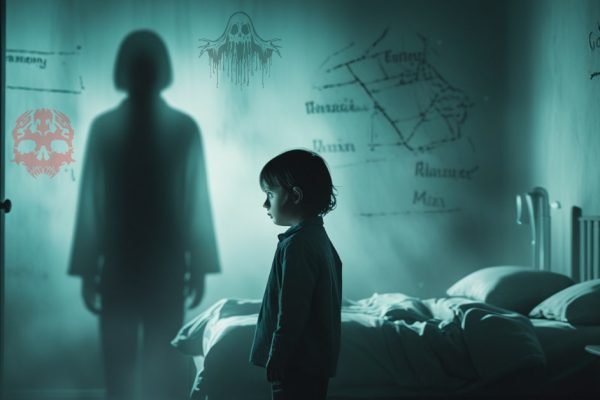 A young child stands alone in a dim bedroom, surrounded by ghostly shadows and faint imprints of past life memories, illustrating children who remember past lives.