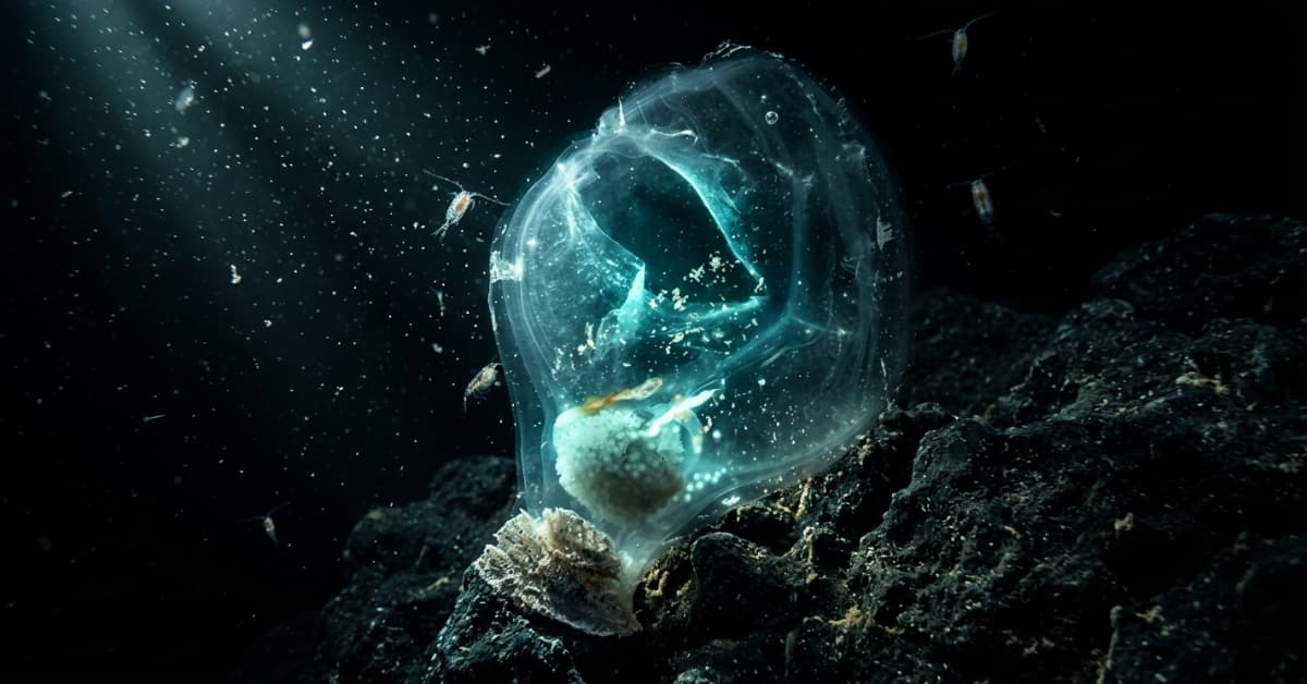Elven Abyss Tunicate with a glowing translucent body floating near a rocky deep-sea surface, surrounded by drifting plankton in dark ocean waters.