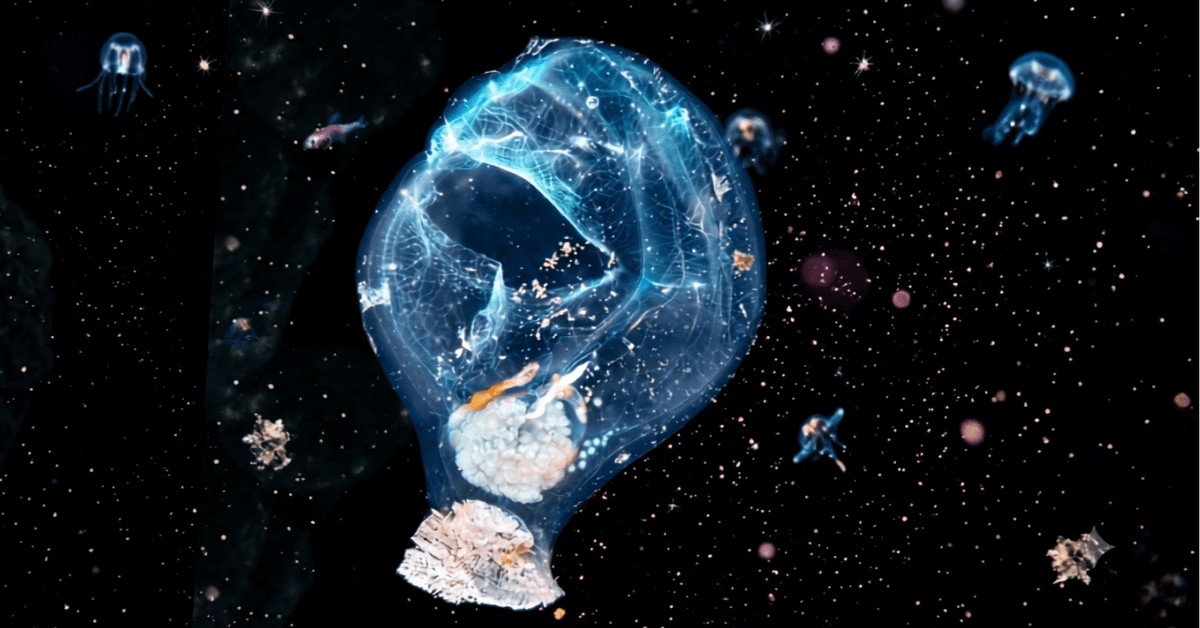 A glowing Elven Abyss Tunicate drifting through the dark depths of the ocean.