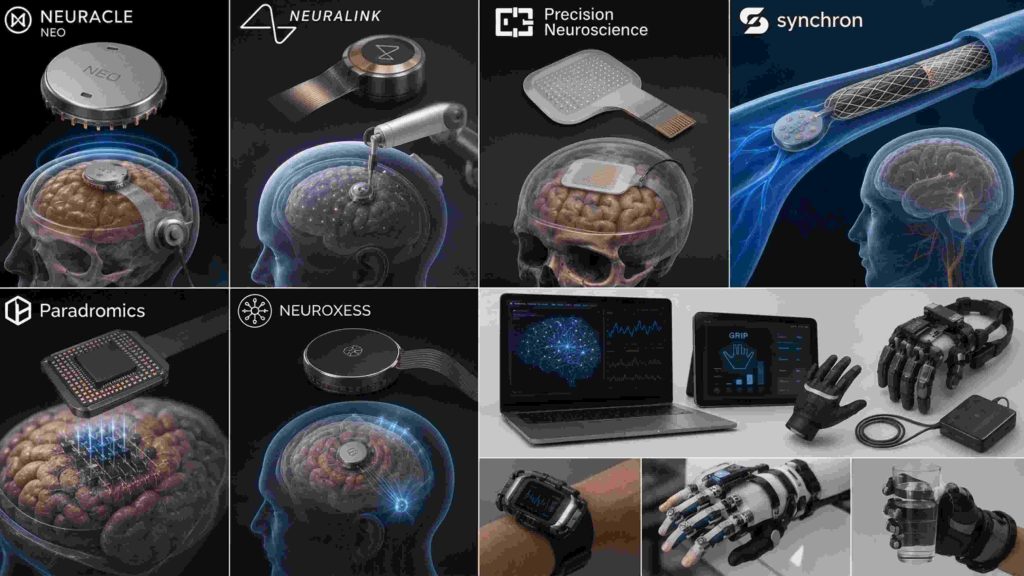 AI-generated comparison image of leading Brain-Computer Interface (BCI) technologies, including neural implants, brain chips, and assistive devices from major BCI developers.