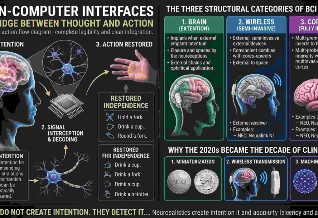 AI-generated educational infographic explaining how a Brain-Computer Interface (BCI) converts neural signals into actions and compares different BCI technologies.