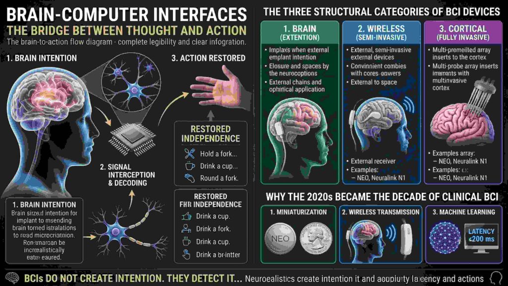 A high-quality scientific infographic explaining Brain-Computer Interface (BCI) devices, detailing the structural categories from non-invasive to fully invasive cortical implants.