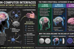 AI-generated educational infographic explaining how a Brain-Computer Interface (BCI) converts neural signals into actions and compares different BCI technologies.