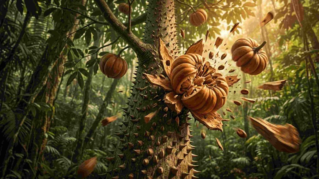 Illustration of the exploding tree's seed pods bursting apart in a tropical rainforest